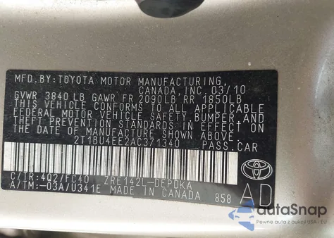 2010 Toyota Corolla Le from USA, damaged, VIN 2T1BU4EE2AC371340